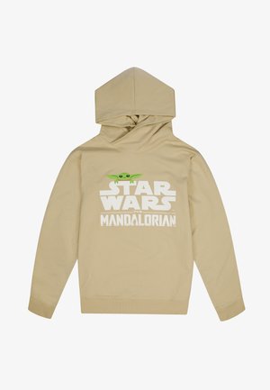Hoodie beige avec un grand logo blanc "STAR WARS" et un graphique de personnage vert provenant de "The Mandalorian" à l'avant. Matériau en coton.