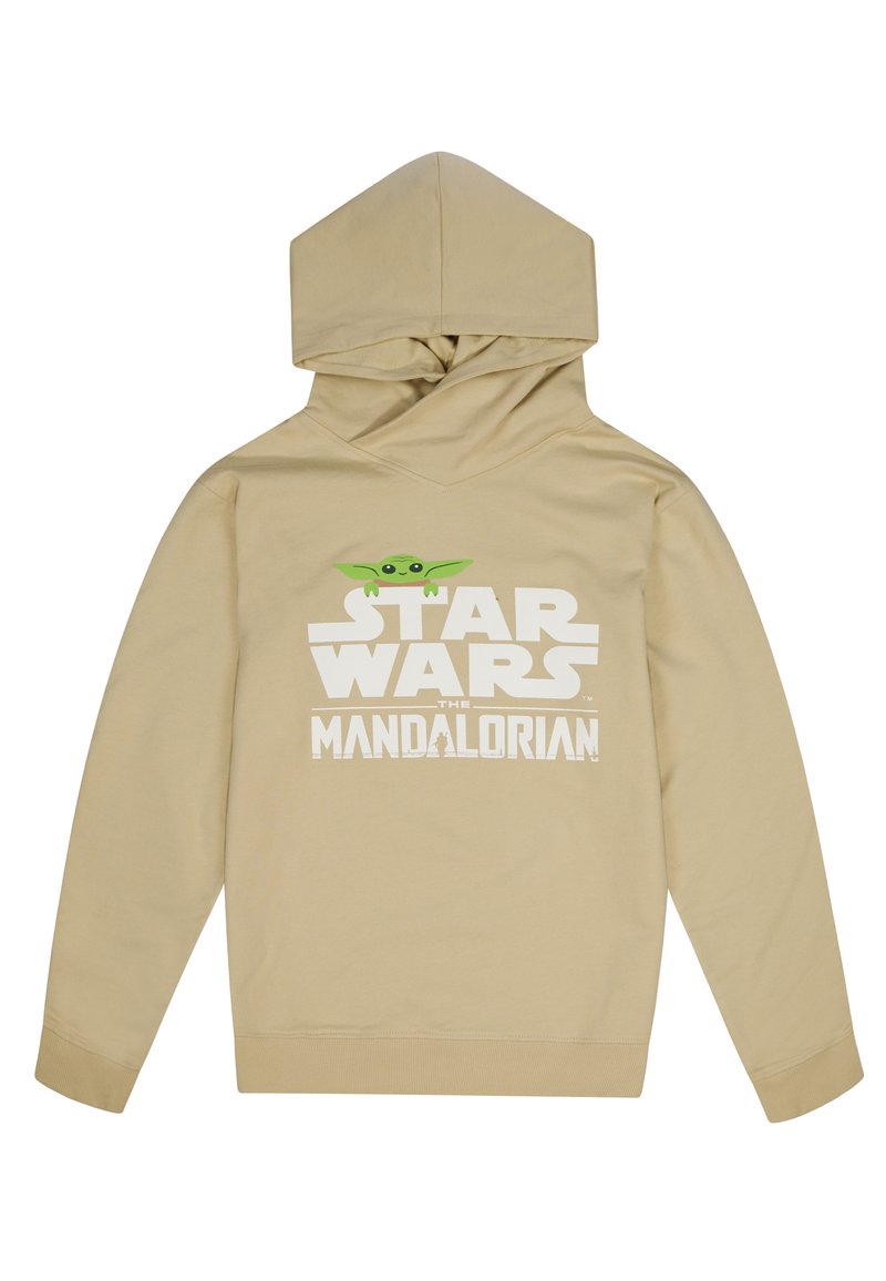Hoodie beige con un grande logo bianco "STAR WARS" e una grafica di un personaggio verde da "The Mandalorian" sul davanti. Materiale in cotone.