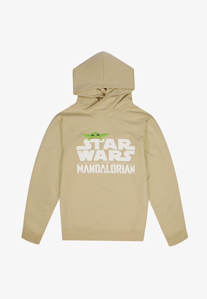 Hoodie beige con un grande logo bianco "STAR WARS" e una grafica di un personaggio verde da "The Mandalorian" sul davanti. Materiale in cotone.