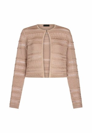 Bézs kötött kardigán hosszú ujjakkal, nyitott elülső résszel, és texturált vízszintes csipke- és bordás mintázattal az egész felületen.