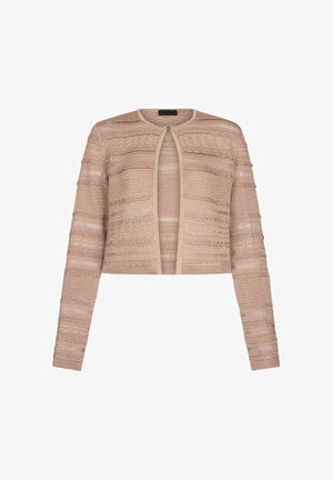 Cardigan en maille beige à manches longues, ouvert sur le devant, avec des motifs horizontaux en dentelle texturée et des motifs côtelés sur toute la surface.