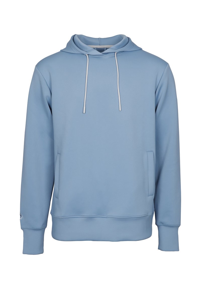 Ljusblå hoodie i mjukt tyg, med en framficka, justerbar dragsträng i huooden och ribbade ärmslut och nederkant.