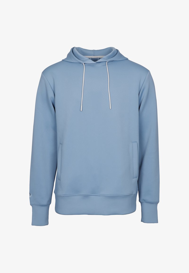 Ljusblå hoodie i mjukt tyg, med en framficka, justerbar dragsträng i huooden och ribbade ärmslut och nederkant.