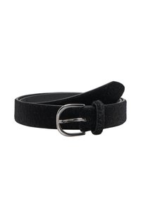 Cinturón de fieltro negro con hebilla de metal plateado, textura suave y diseño elegante con extremo puntiagudo.