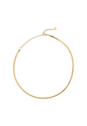 Gold-tone necklace, flat, smooth, featuring a delicate chain with an adjustable clasp and a subtle shine. Minimalistic design.