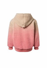 Ζακέτα sherpa fleece με κουκούλα και χρωματική διαβάθμιση από μπεζ στο επάνω μέρος σε ροζ στο κάτω, με ριμπ μανσέτες και τελείωμα, εμφανίζεται από πίσω.
