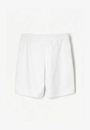 Szare bawełniane szorty z elastyczną talią, charakteryzujące się prostym fasonem i prostymi nogawkami, bez widocznych kieszeni czy ozdób.
