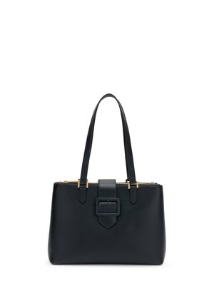 Bolso de cuero negro con dos correas largas, detalle de hebilla en el frente y acentos de cremallera dorada sobre un fondo blanco.