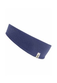 Navyblaue Haarband aus glattem Textil mit breitem Design und einem kleinen Markenetikett an der Seite. Dichtes und elastisches Gewebe.