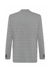 Blazer pour homme gris à carreaux avec manches longues, boutons noirs aux poignets, vu de dos sur fond blanc.
