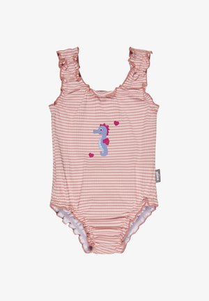 Rosa-weiß gestreifter Baby-Badeanzug mit gerafften Trägern und Beinöffnungen, vorne mit einem lila Seepferdchen und zwei kleinen rosa Herzen verziert.