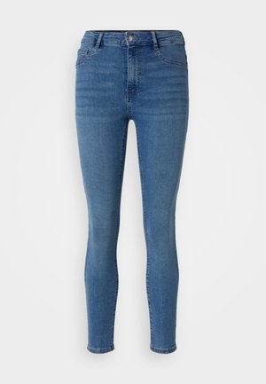 Tynne jeans i middels blå denim med lukking foran med knapp, beltefelter og fem-lomme styling med en glatt tekstur.
