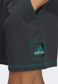 Schwarze Shorts mit türkisfarbenen Akzenten und Nähten. Auffälliges Adidas-Logo-Patch an der Seite. Glattes Material mit einem lässigen Design.
