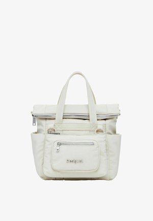 Borsa tote in tessuto bianco con numerose tasche con zip, doppio manico superiore e un patch con logo sul davanti. Finitura testurizzata, design pratico.