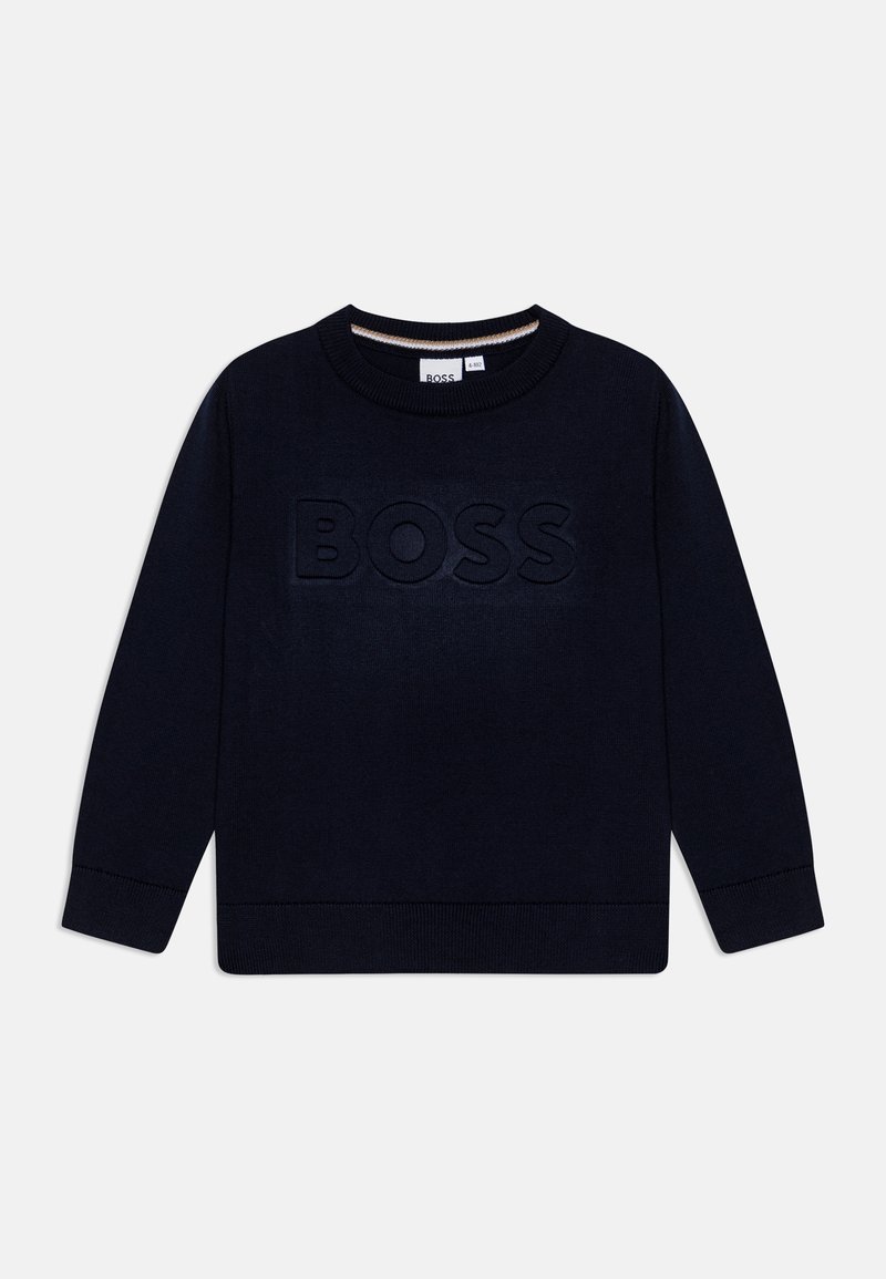 Sweat-shirt bleu marine en matière douce, doté d'un col rond côtelé, de manches longues et d'un logo "BOSS" en relief au centre.