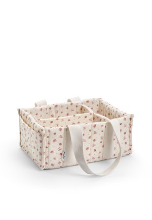 Stofopbevaringsorganisator med lyserødt blomsterprint, opdelte rum og to hvide bærestropper.