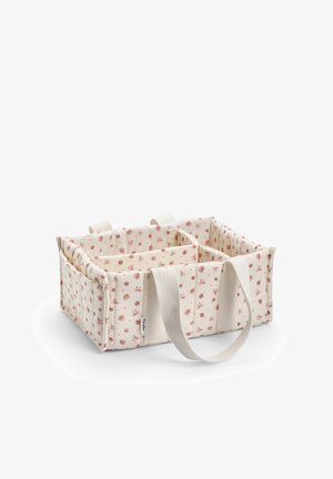 Organizzatore per tessuti con motivo floreale rosa, scomparti divisori e due manici bianchi per il trasporto.