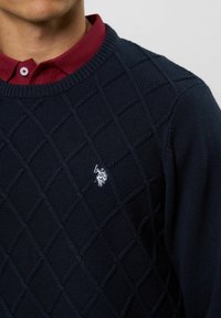 Mann trägt dunkelblauen Pullover mit Rautenmuster über einem burgunderfarbenen Hemd mit Kragen und kleinem, weiß gesticktem Logo auf der Brust.