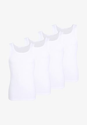 Quattro canottiere bianche in cotone con una texture a coste, caratterizzate da scolli rotondi e spalline sottili.