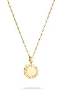 Halskette in Goldfarbe mit feiner Kette und rundem Anhänger. Der Anhänger verfügt über eine gravierte Schrift entlang des Randes. Glatte, polierte Oberfläche.