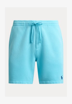 Jasnoniebieskie dzianinowe szorty z elastycznym paskiem w talii i sznurkiem, z małym logo polo z ciemnoniebieską haftowaną postacią gracza na lewym udzie.