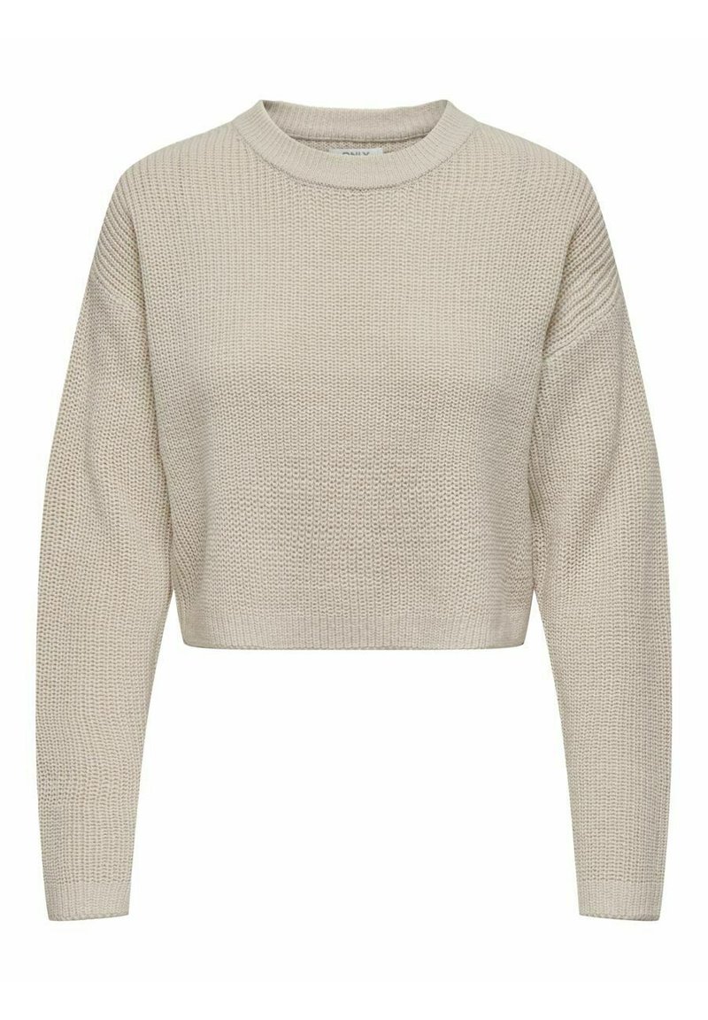 Maglione corto beige chiaro con un motivo a maglia testurizzato, scollatura rotonda e maniche lunghe. Design casual, adatto da sovrapporre.