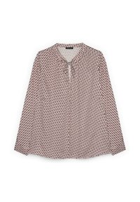 Blusa a maniche lunghe in tessuto leggero, caratterizzata da un motivo geometrico in rosso, crema e blu navy, con scollo a cravatta e vestibilità comoda.