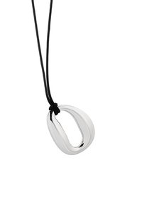 Silver pendant with an abstract oval shape, hanging from a black cord. Smooth, shiny surface with a minimalist design.