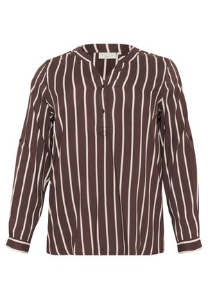 Long-sleeve blouse in dark brown with cream vertical stripes, featuring a V-neckline and button detail at the front. Soft fabric texture.