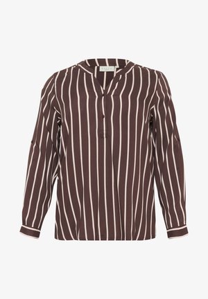 Blusa de manga larga en marrón oscuro con rayas verticales en crema, con escote en V y detalle de botones en la parte frontal. Textura de tejido suave.