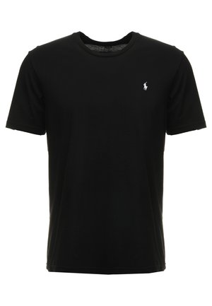 T-shirt preta de algodão de manga curta com gola redonda e pequeno logo branco da polo no lado esquerdo do peito. Textura suave com um ajuste regular.