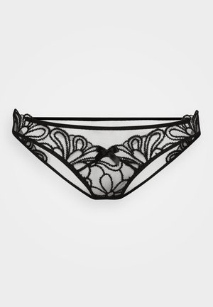 Culotte en dentelle noire avec motifs floraux, tissu transparent, détail en satin au centre et bord élastique contrastant.
