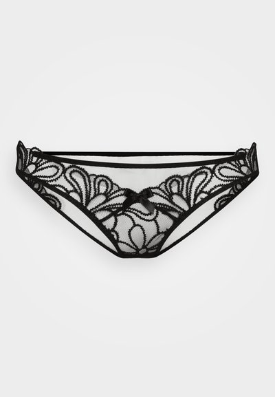 Culotte en dentelle noire avec motifs floraux, tissu transparent, détail en satin au centre et bord élastique contrastant.