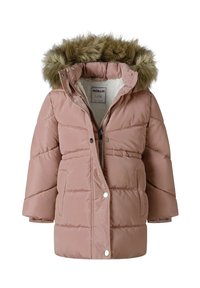 Veste matelassée rose clair avec une capuche en fausse fourrure, fermeture éclair à l'avant et design matelassé. Dispose de poches latérales et d'un doublure douce pour plus de chaleur.