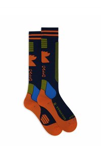 Calzini blu navy con motivi geometrici arancioni e verdi; presentano dettagli blu e arancioni sulle punte; marchi "Gallo" e "R. Evolution."