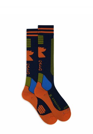 Calzini blu navy con motivi geometrici arancioni e verdi; presentano dettagli blu e arancioni sulle punte; marchi "Gallo" e "R. Evolution."