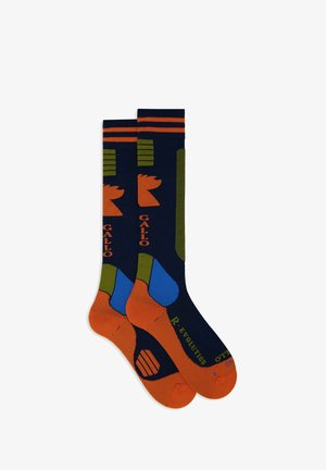 Navy socks with orange and green geometric patterns; features blue and orange accents at the toes; branding "Gallo" and "R. Evolution."