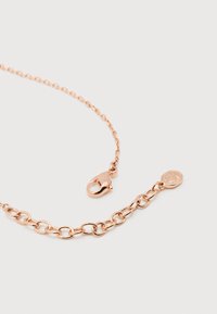 Κολιέ με αλυσίδα σε ροζ χρυσό, με κούμπωμα σε σχήμα αστακού και μικρή εξαγωνική ταμπέλα χαραγμένη με στυλιζαρισμένο γράμμα «S», πάνω σε λευκό φόντο.