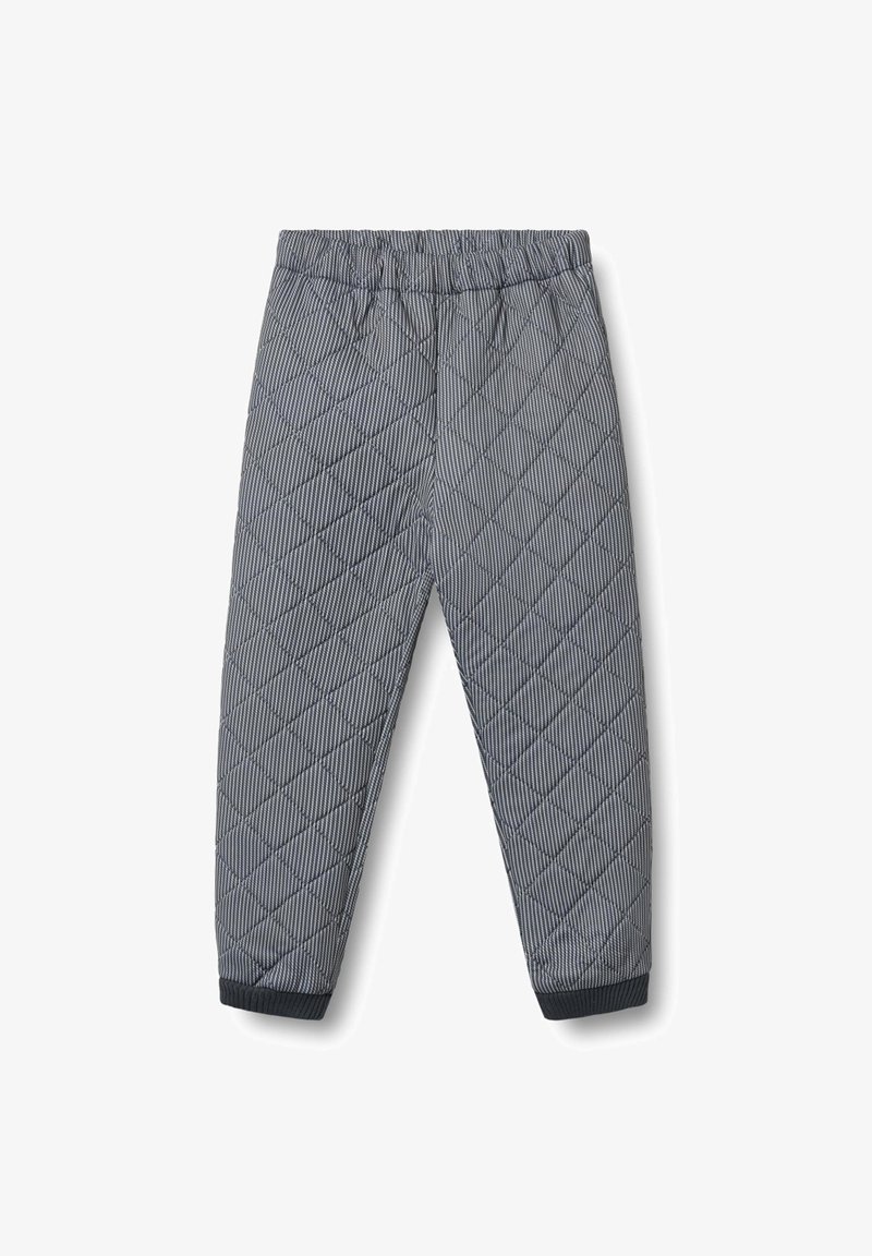 Gequiltte, grijze broek met een diagonaal streeppatroon, voorzien van een elastische tailleband en aansluitende manchetten bij de enkels.