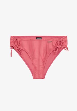 Ribbed, korallinpinkki bikinin alaosa, jossa on nauhaviritykset sivuilla ja pieni metallinen logo-tunnus. Pehmeä kangas, jossa on teksturoitu pinta.