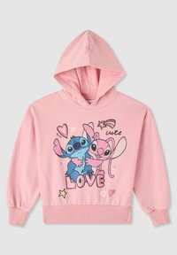 Felpa rosa con grafica frontale di personaggi cartoon blu e rosa, la parola "AMORE" e cuori e stelle decorativi; polsini a coste.