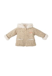 Chaqueta beige para niño pequeño con patrón de cuadros negros, cuello y puños de piel sintética, bolsillos frontales y bordado de una pequeña cara de zorro en el pecho.