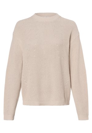 Pull beige en grosse maille avec manches longues, col rond côtelé, poignets et ourlet côtelés.