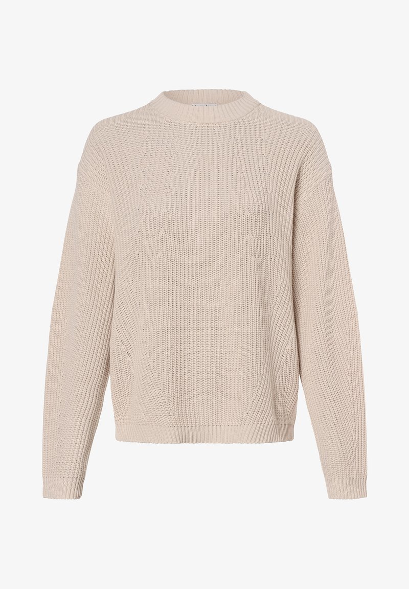 Pull beige en grosse maille avec manches longues, col rond côtelé, poignets et ourlet côtelés.