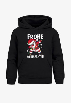 Schwarzer Kapuzenpullover mit einem fröhlichen Weihnachtsmann, umgeben von Lichtern, und dem Schriftzug "FROHE WEIHNACHTEN" in Weiß. Mit Kängurutasche.
