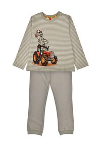 Grey striped long-sleeve shirt featuring a dinosaur on a tractor graphic, paired with solid grey pants with elastic cuffs.
