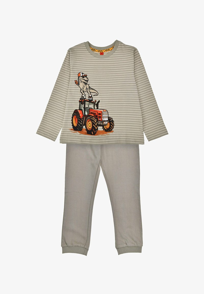 Grey striped long-sleeve shirt featuring a dinosaur on a tractor graphic, paired with solid grey pants with elastic cuffs.