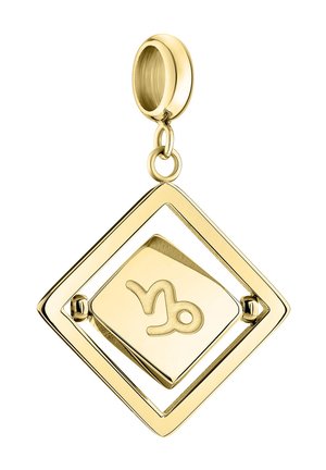 Guldvedhæng i en diamantform med en central kvadrat med et relief af et stenbukken-symbol. Glat overflade med en skinnende fremtoning.