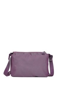Sac bandoulière violet en tissu texturé et durable. Comprend une fermeture zippée, une bandoulière ajustable et une forme plate et rectangulaire.