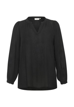 Blouse noire à manches longues en tissu léger avec un décolleté en V, épaules froncées et poignets élastiqués pour un ajustement décontracté.